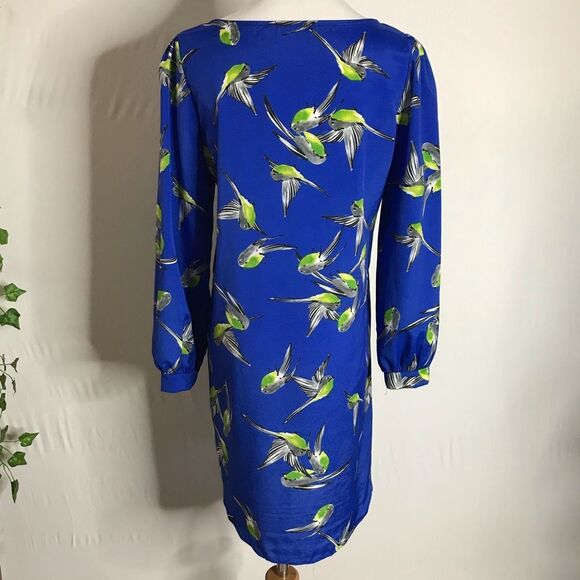 The Vintage Shop Blue Green Bird Print Dress Medium Long Sleeve - Picture 4 of 6